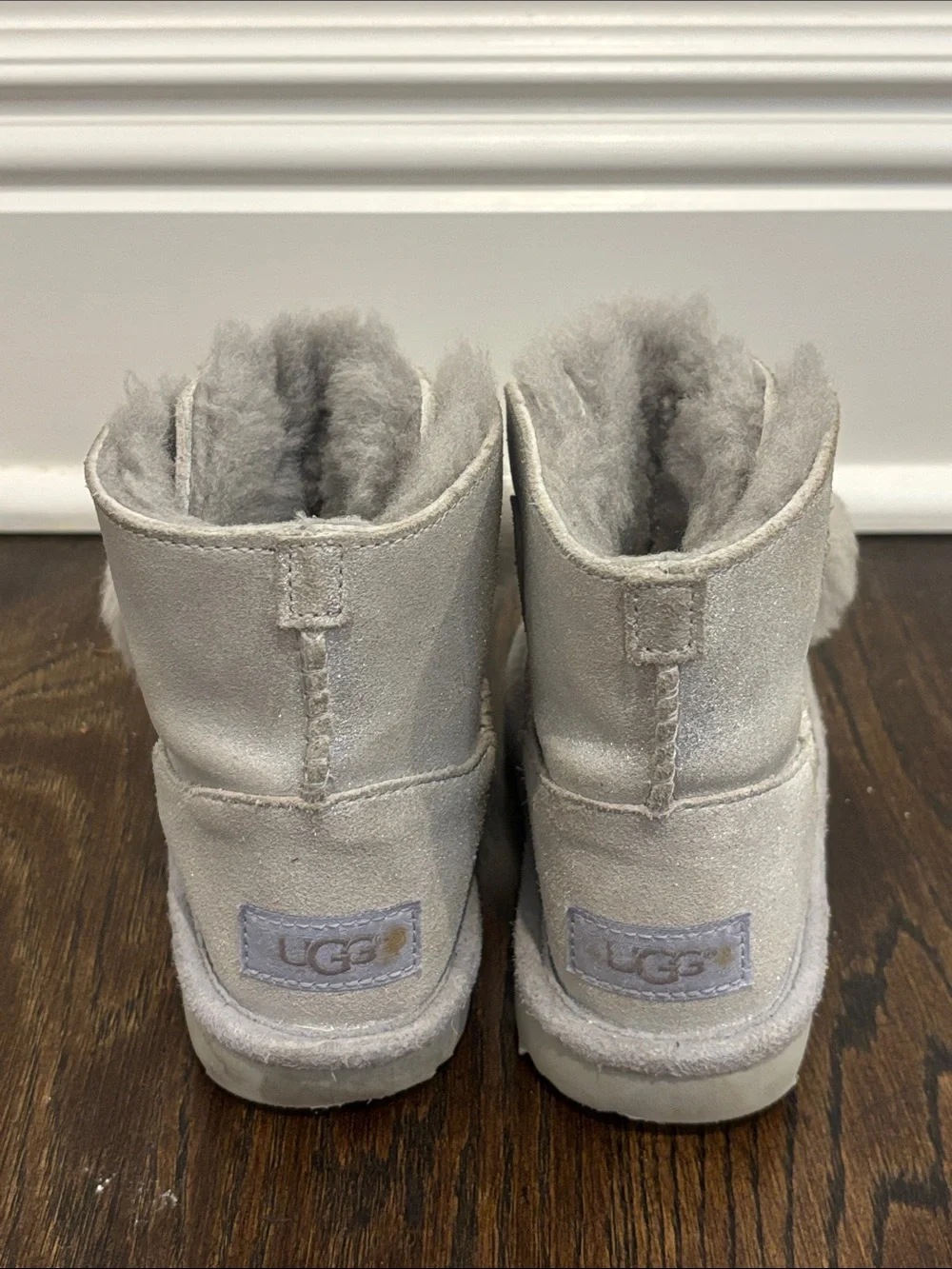 UGG Girls Silver Gray Pom Pom Shearling Boots Size 10